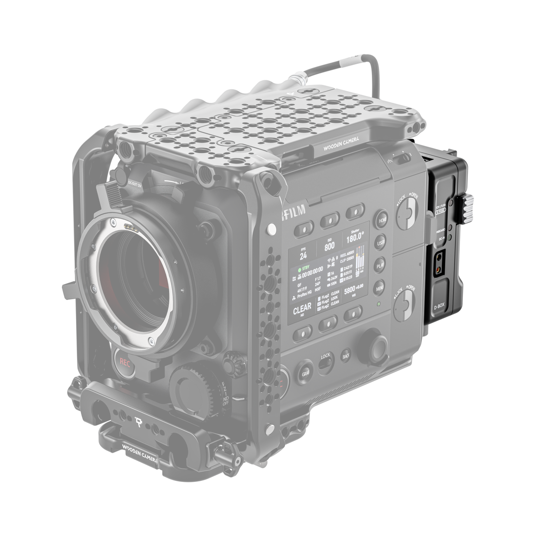 A00931, fujifilm eterna 55 front of camera body with d-box power v-mount attached