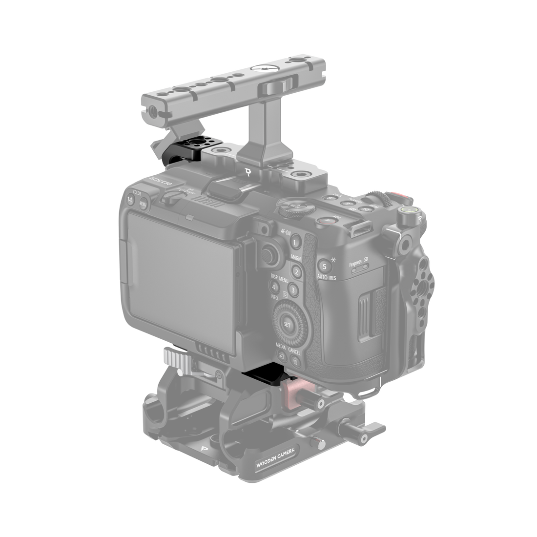 Canon EOS C50 camera body with wooden camera cage l-bracket on a white background - back