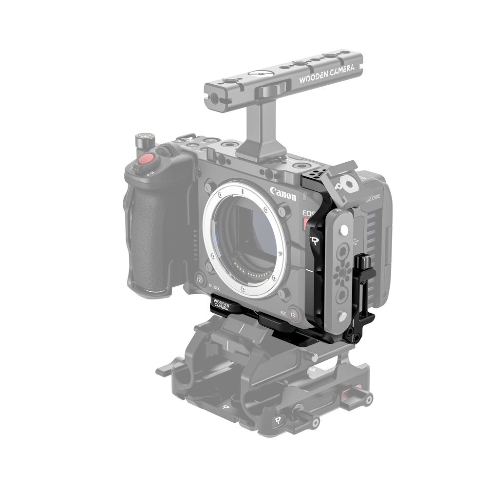 Canon EOS C50 camera body with wooden camera cage l-bracket on a white background