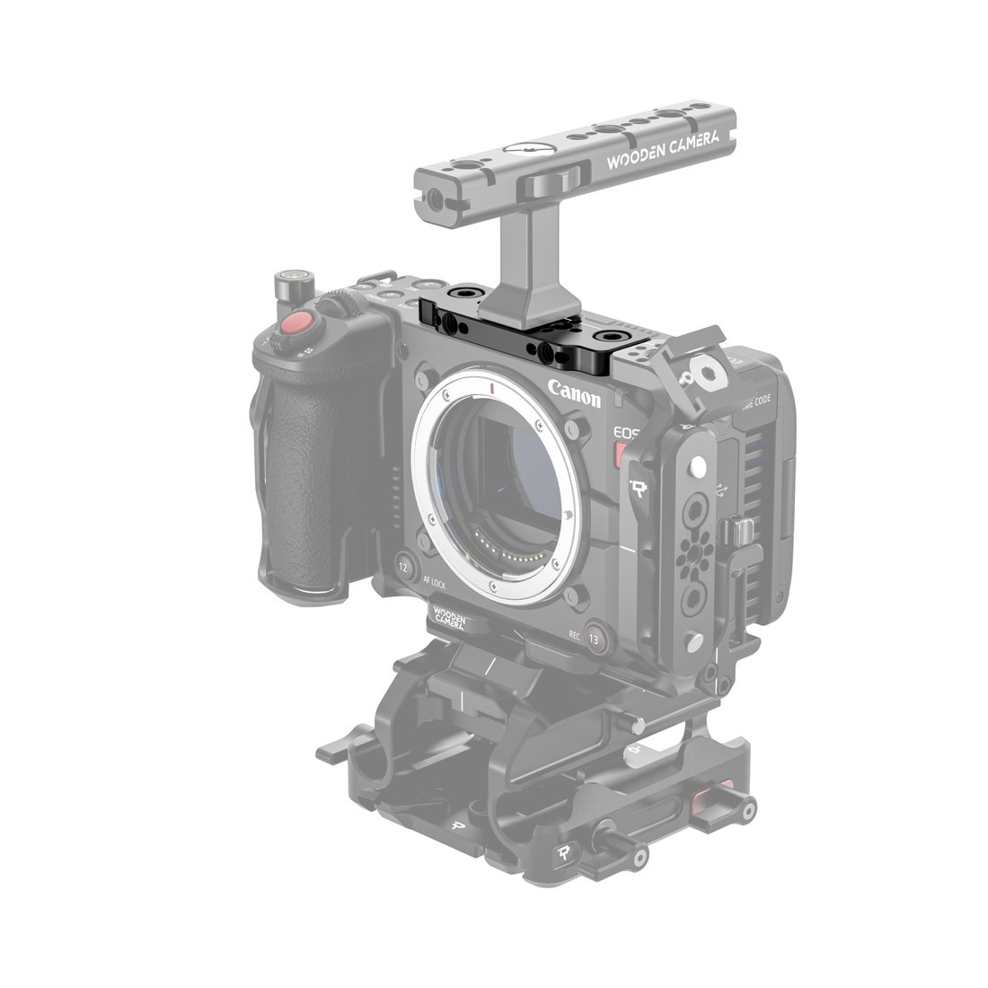 Canon EOS C50 camera body with wooden camera top plate on a white background