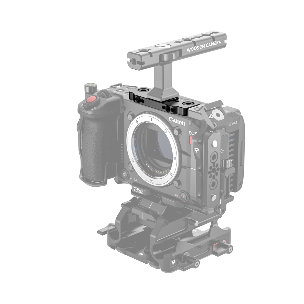 Canon EOS C50 camera body with wooden camera top plate on a white background