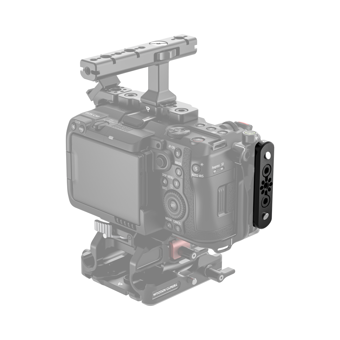 Canon EOS C50 camera body with wooden camera low profile bolt-on nato rail on a white background - back