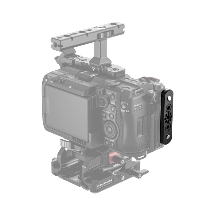 Canon EOS C50 camera body with wooden camera low profile bolt-on nato rail on a white background - back