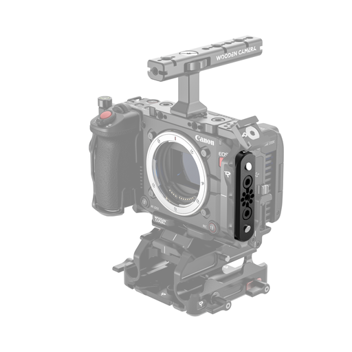 Canon EOS C50 camera body with wooden camera low profile bolt-on nato rail on a white background