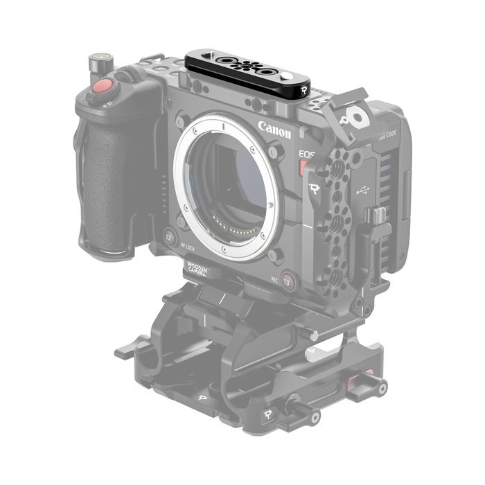 Canon EOS C50 camera body with wooden camera low profile bolt-on nato rail on a white background