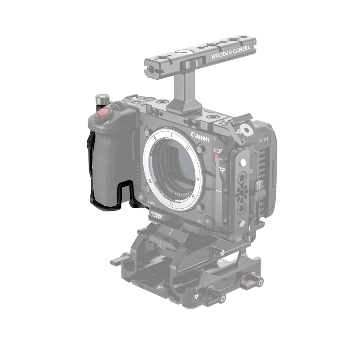 Canon EOS C50 camera body with wooden camera cage grip on a white background