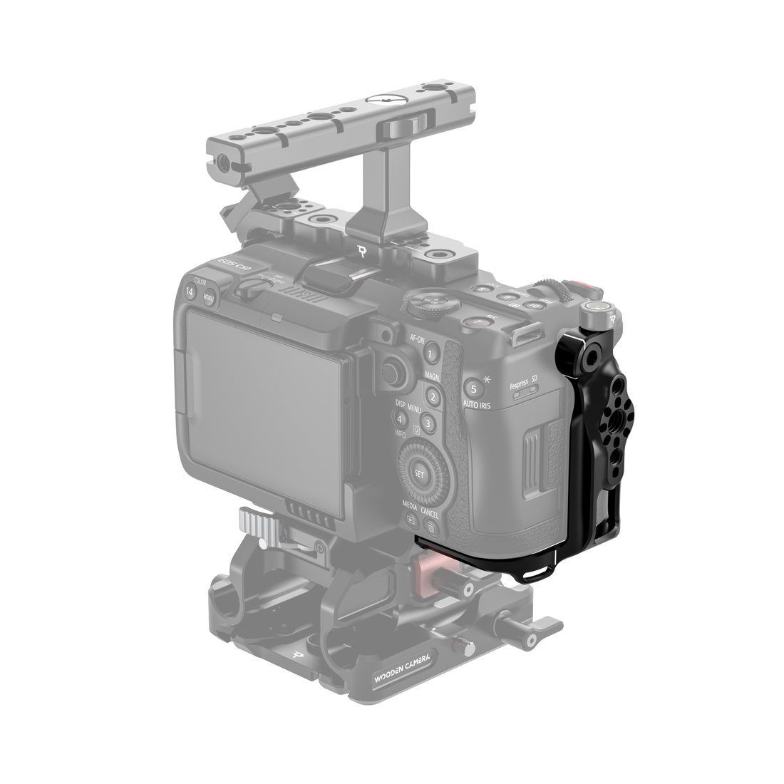 Canon EOS C50 camera body with wooden camera cage grip on a white background - back