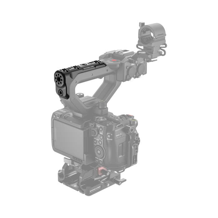 Canon EOS C50 camera body with wooden camera carry handle bracket on a white background - back