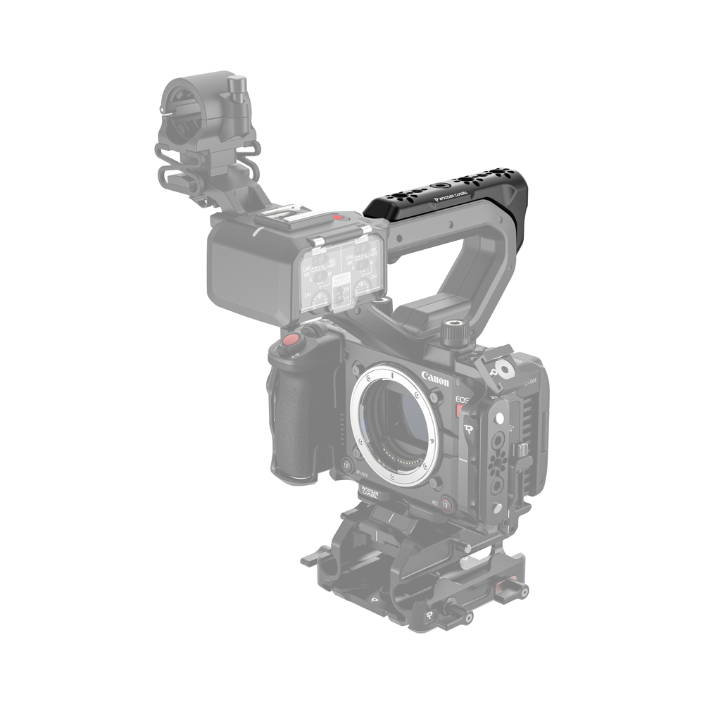 Canon EOS C50 camera body with wooden camera carry handle bracket on a white background