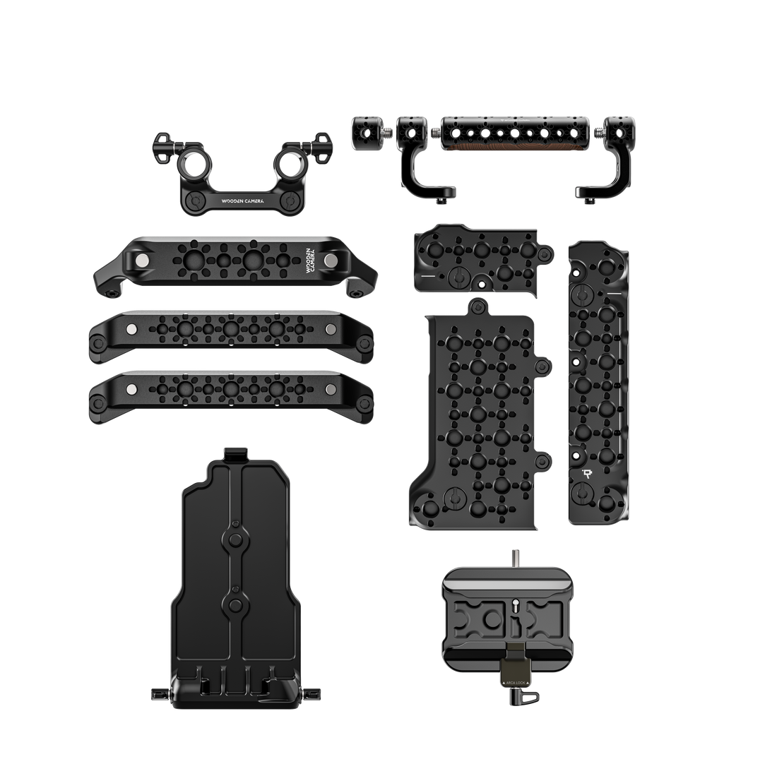 Set of wooden camera accessories for fujifilm eterna 55 on a white background