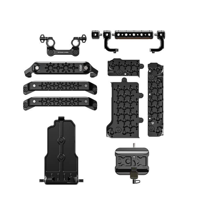 Set of wooden camera accessories for fujifilm eterna 55 on a white background