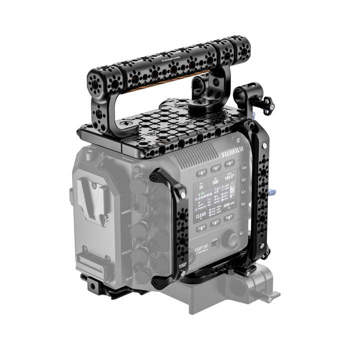 fujifilm eterna 55 back of camera body with wooden camera handle and accessories on a white background 