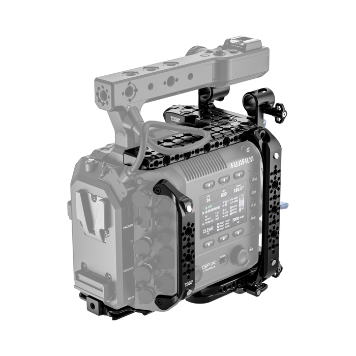 fujifilm eterna 55 back of camera body with fuji handle and wooden camera accessories on a white background 