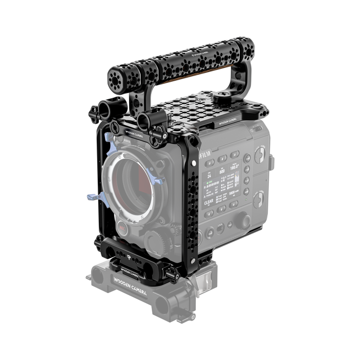 fujifilm eterna 55 camera body with wooden camera handle and accessories on a white background