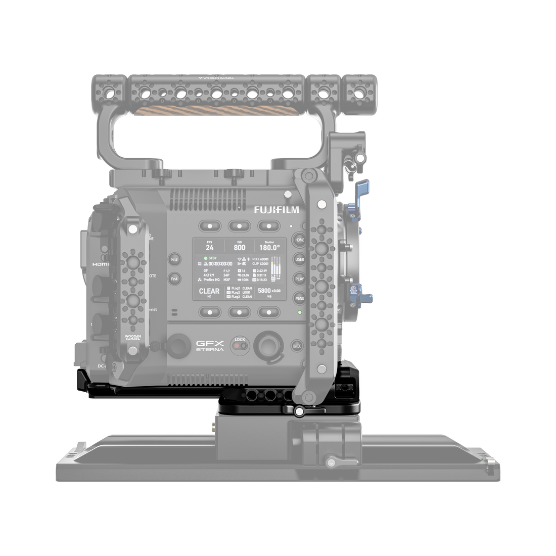 fujifilm eterna 55 side of camera body with wooden camera handle and base plate on a white background