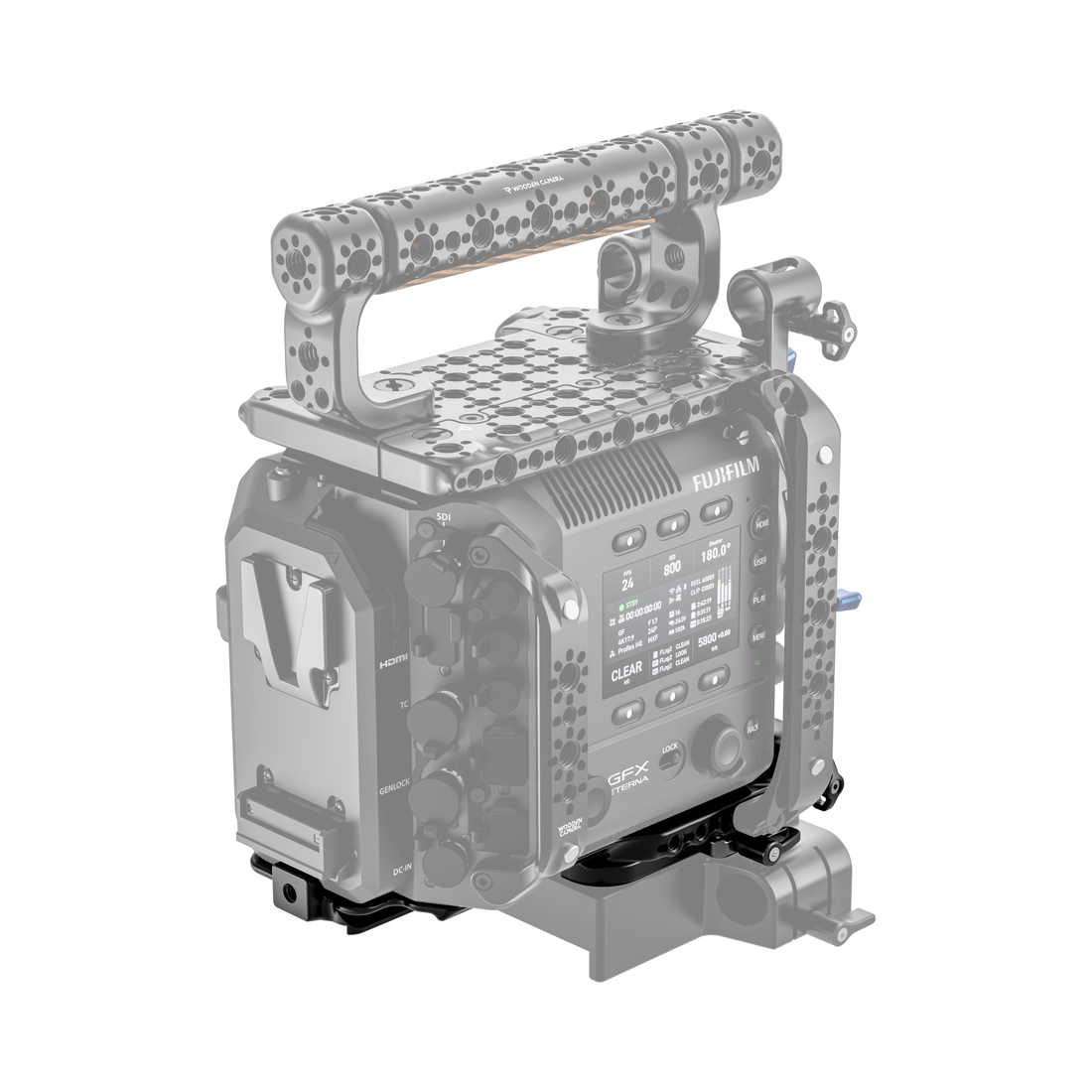 fujifilm eterna 55 back of camera body with wooden camera handle and base plate on a white background