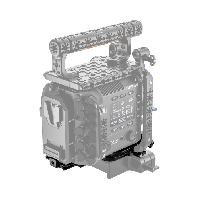 fujifilm eterna 55 back of camera body with wooden camera handle and base plate on a white background