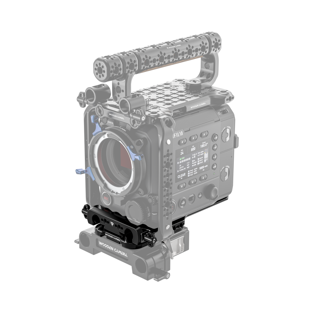 fujifilm eterna 55 camera body with wooden camera handle and base plate on a white background