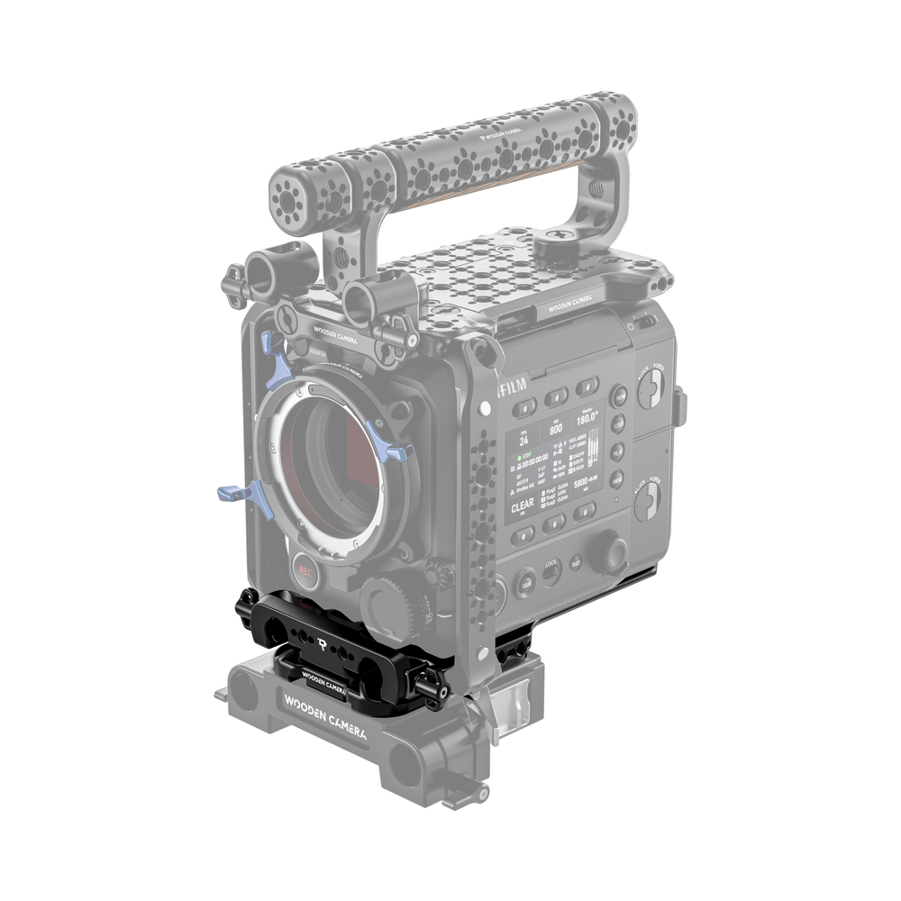 fujifilm eterna 55 camera body with wooden camera handle and base plate on a white background