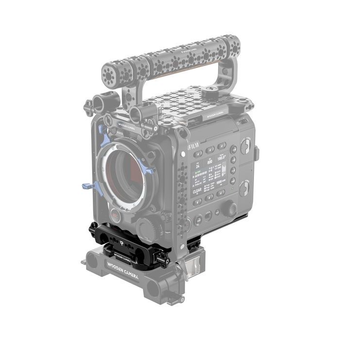 fujifilm eterna 55 camera body with wooden camera handle and base plate on a white background