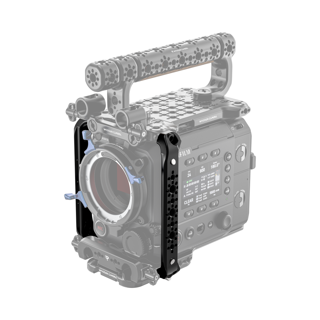 fujifilm eterna 55 front camera body with wooden camera side rail kit on a white background