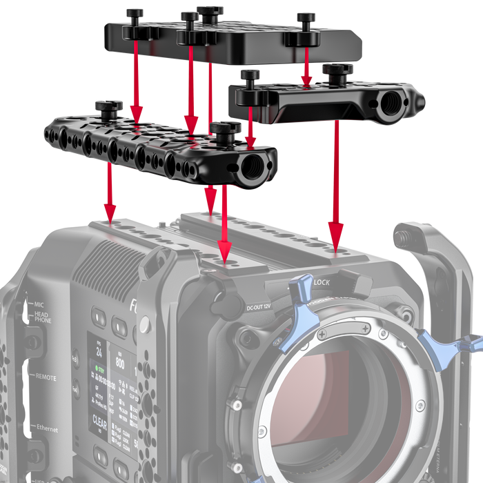 fujifilm eterna 55 camera with top plate system attached and labeled with red arrows on a white background