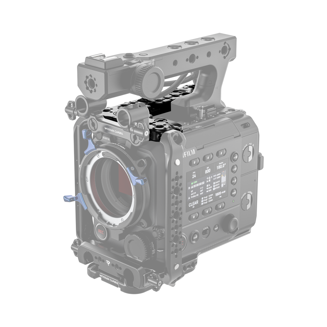 fujifilm eterna 55 camera body with a fuji top handle system on a white background