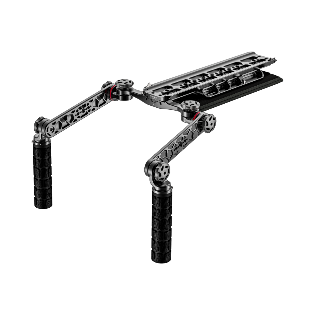 Camera shoulder rig with a safety dovetail and shoulder pad front view