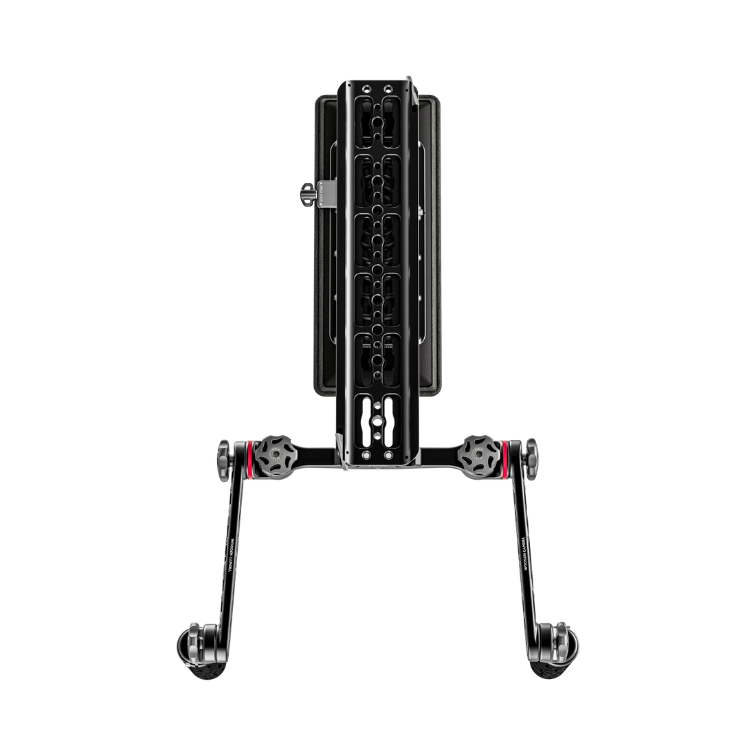 Camera shoulder rig with a safety dovetail and shoulder pad top view