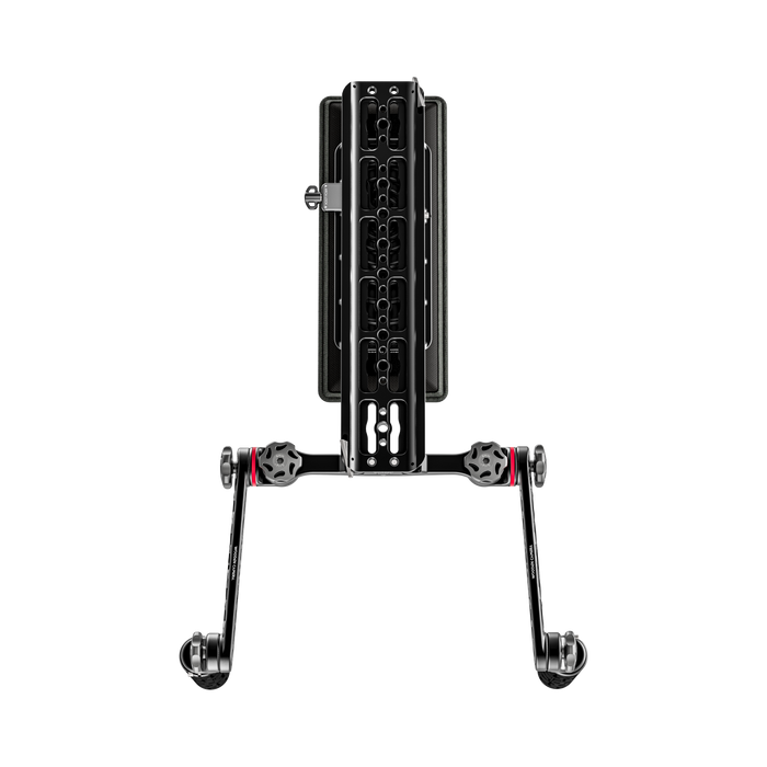 Camera shoulder rig with a safety dovetail and shoulder pad top view