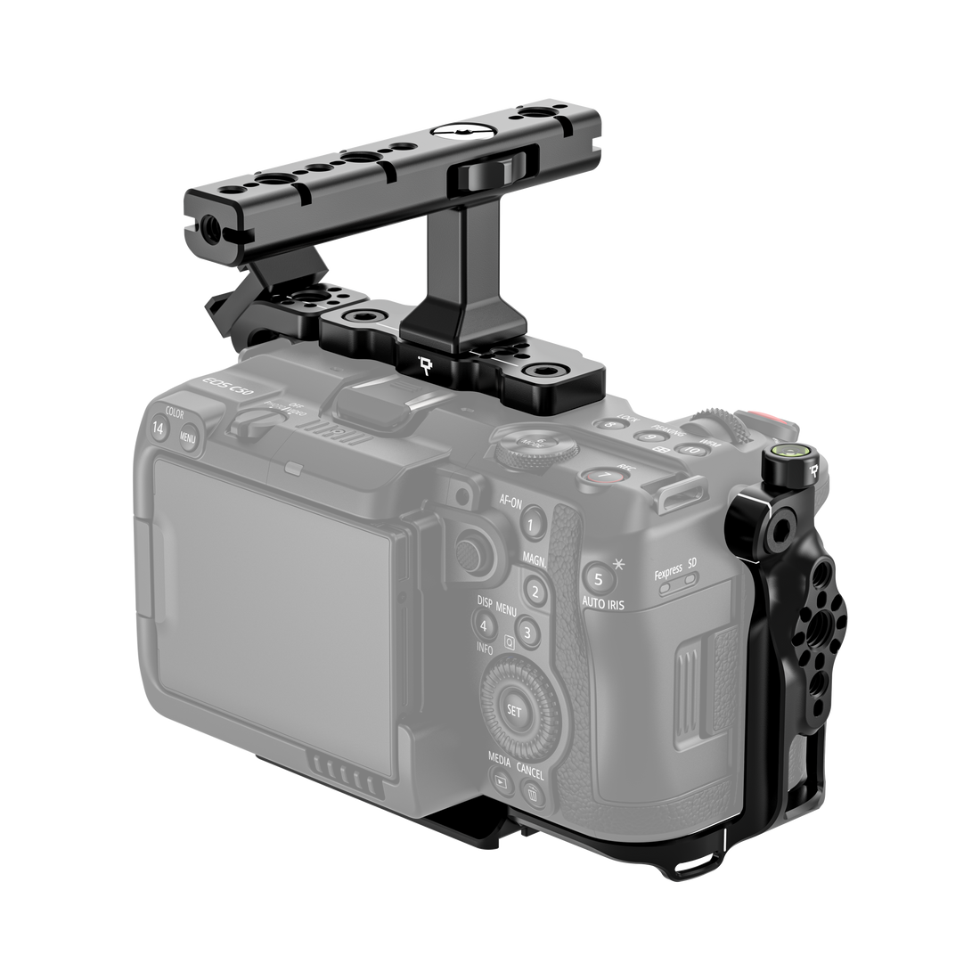 Canon EOS C50 camera body with wooden camera cage on a white background - back