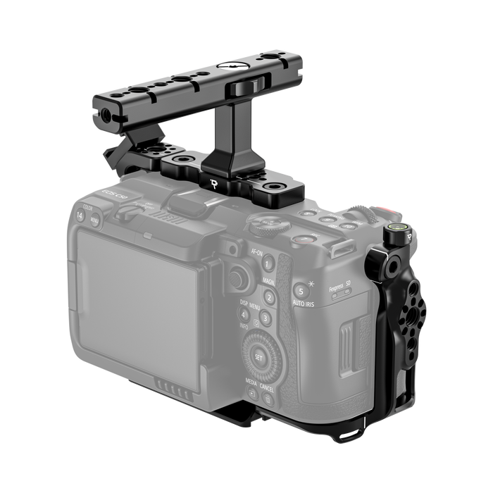 Canon EOS C50 camera body with wooden camera cage on a white background - back