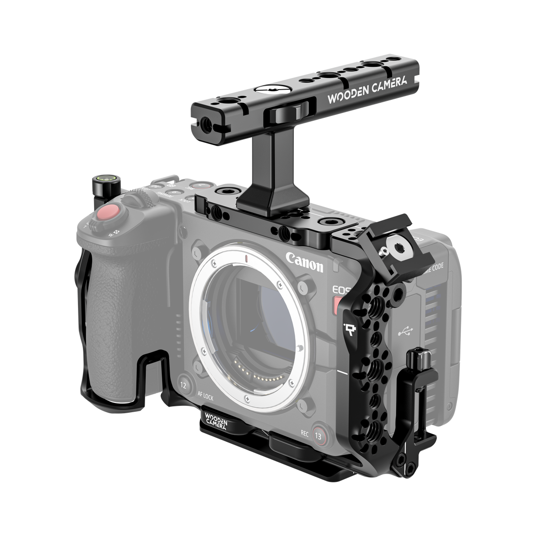 Canon EOS C50 camera body with wooden camera cage on a white background