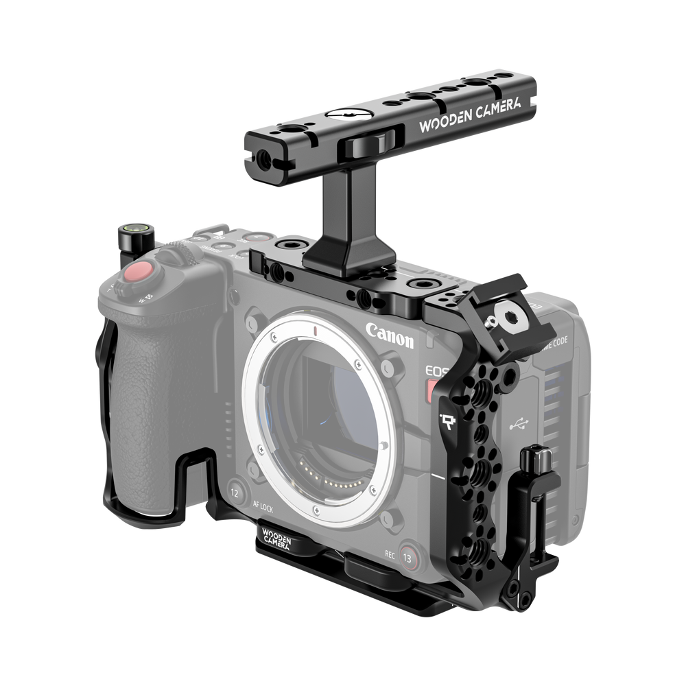 Canon EOS C50 camera body with wooden camera cage on a white background