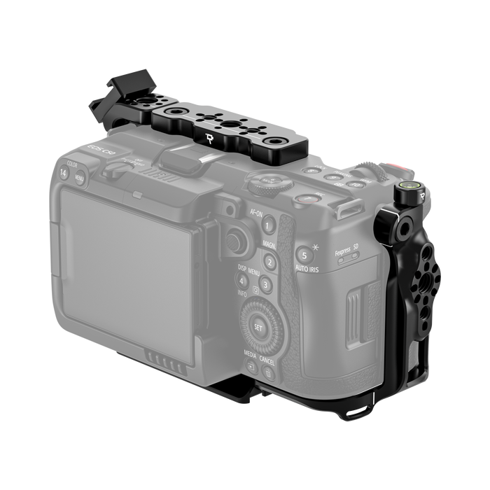 Canon EOS C50 camera body with wooden camera cage on a white background - back