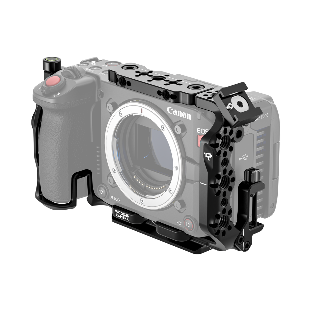 Canon EOS C50 camera body with wooden camera cage on a white background