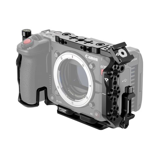 Canon EOS C50 camera body with wooden camera cage on a white background