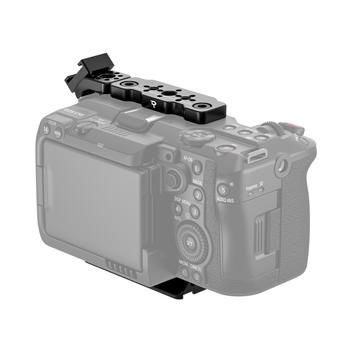 Canon EOS C50 camera body with wooden camera cage on a white background - back