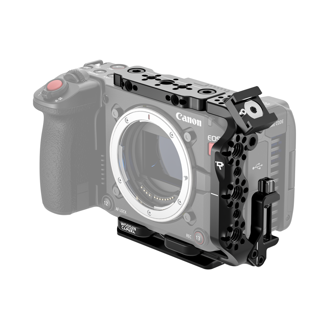 Canon EOS C50 camera body with wooden camera cage on a white background