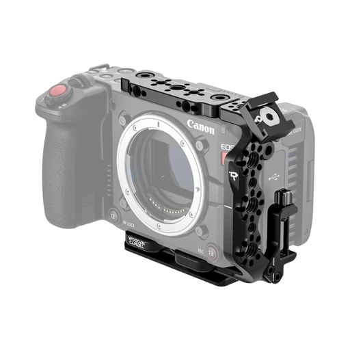 Canon EOS C50 camera body with wooden camera cage on a white background