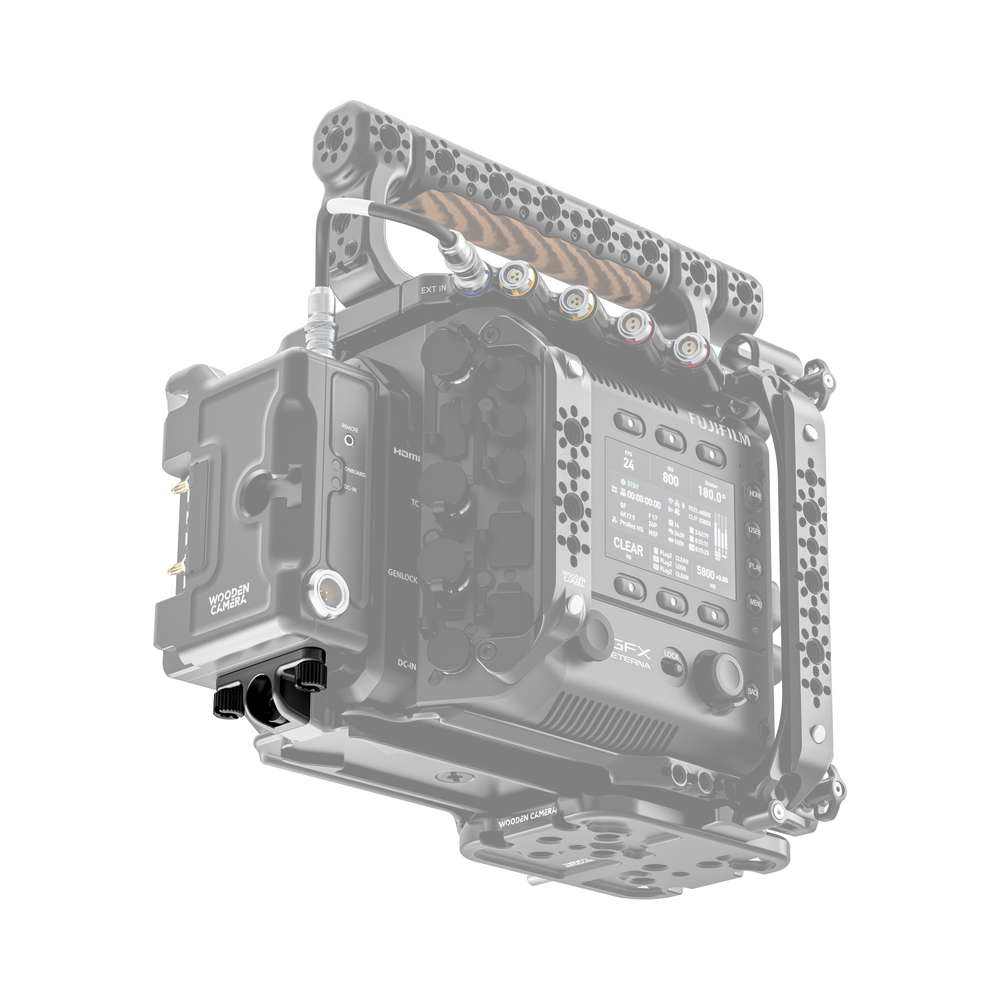 fujifilm eterna 55 back of camera body with wooden camera d-box support bracket