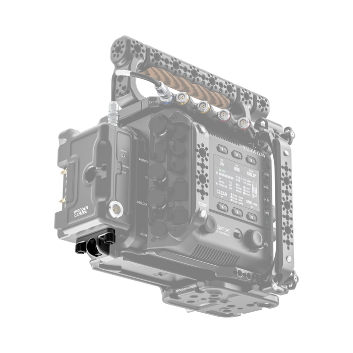 fujifilm eterna 55 back of camera body with wooden camera d-box support bracket