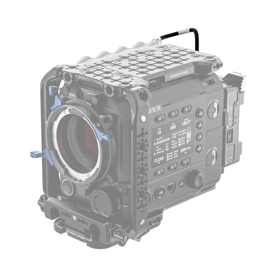 fujifilm eterna 55 front of camera body with d-box link cable installed