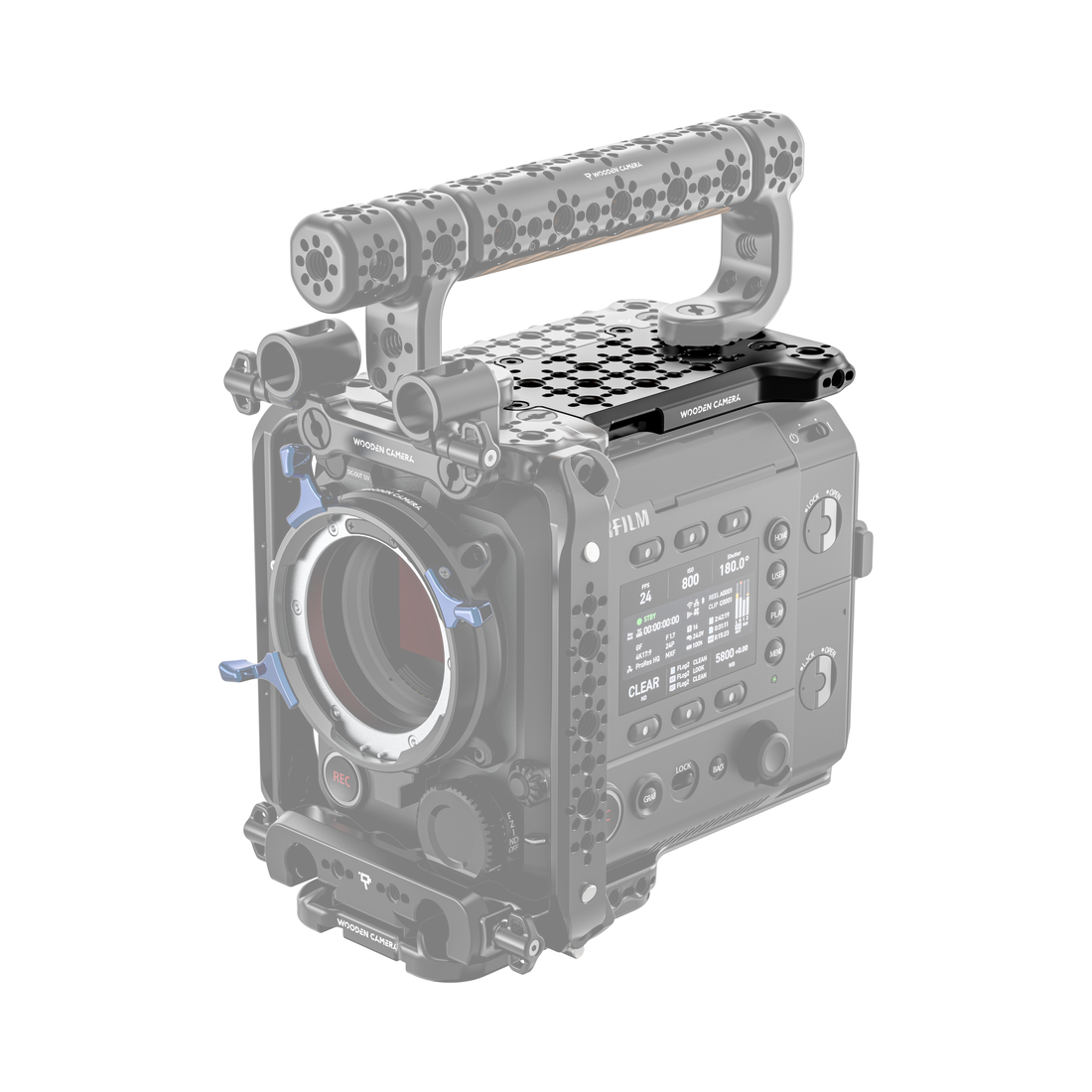 fujifilm eterna 55 front of camera body with wooden camera rear top plate extension