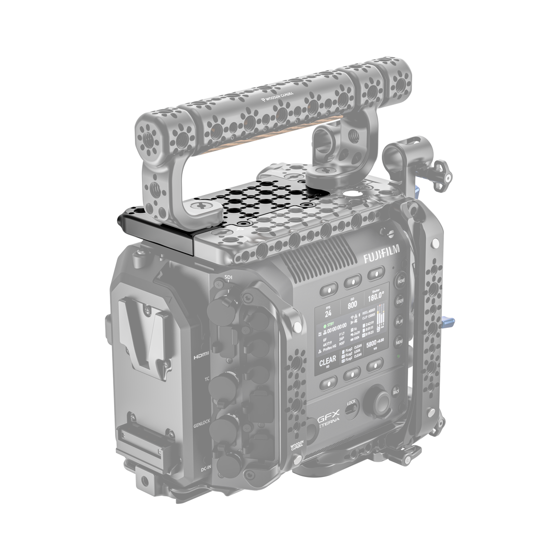 fujifilm eterna 55 back of camera body with wooden camera rear top plate extension