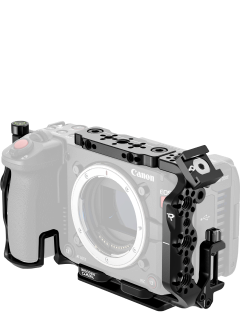 Canon EOS C50 camera body with wooden camera cage on a white background